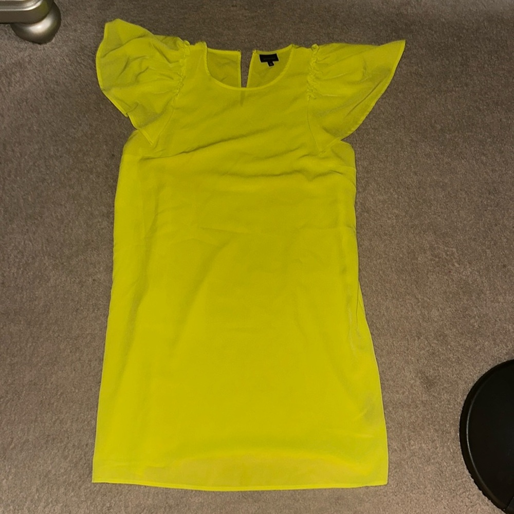 Short sleeve highlighter yellow dress, ruffles top shoulder